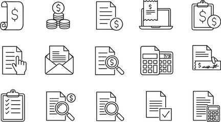 Professional digital accounting and invoicing line icon set featuring financial reports tax calculators online payments and business auditing document symbols