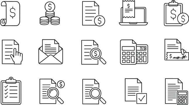 Professional digital accounting and invoicing line icon set featuring financial reports tax calculators online payments and business auditing document symbols