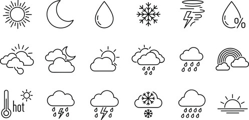 Comprehensive weather forecast line icon set featuring sun moon clouds rain snow thunder rainbows and temperature climate monitoring symbols © MstBabli