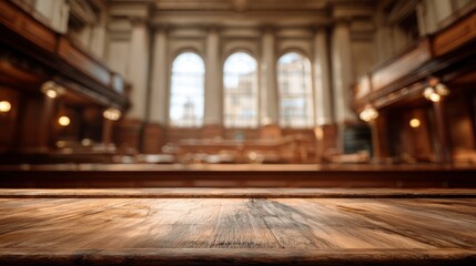 Interior perspective of a historic courtroom with a focus on a worn wooden table. The room's architecture includes columns, windows, and elevated seating