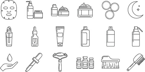 Evening skincare routine and facial treatment line icons featuring sheet masks serum droppers jade rollers night creams and moon symbols for beauty products © MstBabli