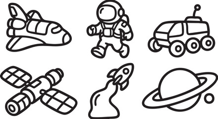 Collection of black line space including shuttle astronaut rover satellite rocket and planet © Yasin