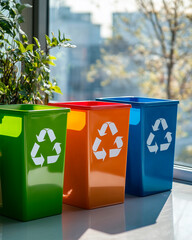 Colorful recycling bins with recycle icons for waste sorting awareness visuals.