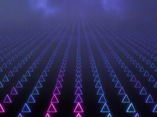 Abstract neon glowing triangle grid receding into a dark foggy digital landscape with vibrant blue and pink light
