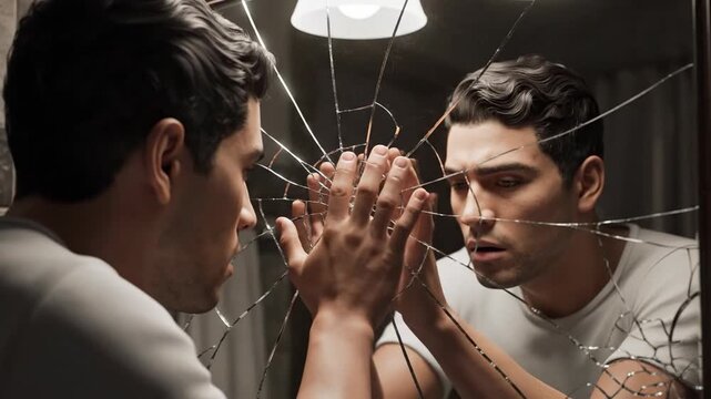 Man staring into a cracked mirror reflection