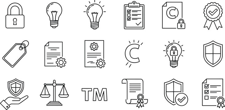 Complete set of intellectual property and copyright line icons featuring registered trademarks legal protection shields patent documents light bulbs and secure identity symbols