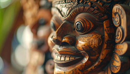 Obraz premium Handcrafted Balinese wooden mask, vintage design, intricate carvings, home interior decoration