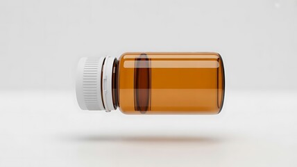 Amber plastic medicine bottle with white childproof cap floating against a clean minimalist white background studio shot