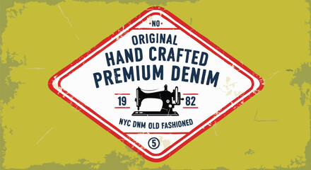 Vintage Stamp Design: Original Handcrafted Premium Denim with Sewing Machine Graphic.
