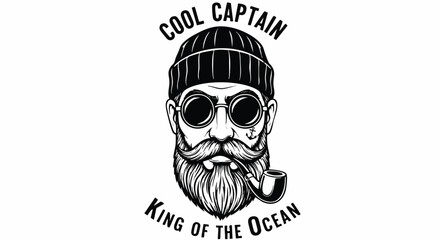 Vintage Style Captain Portrait with Pipe and Nautical Tattoo, King of the Ocean.
