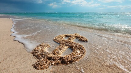 Sandy dollar sign at the edge of the turquoise ocean, symbolizing finance and wealth erosion