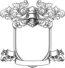 Coat of arms crest knight family medieval shield heraldry heraldic armorial motif. Featuring a knights helm helmet in a vintage etching engraving woodcut style 
