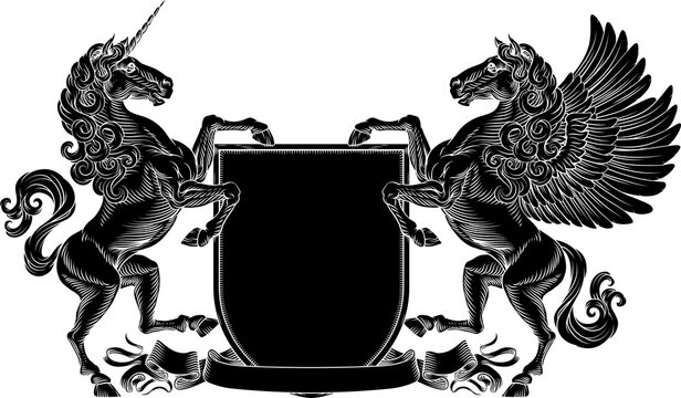 A heraldry crest Unicorn and Pegasus winged horse family coat of arms heraldic shield emblem design in an old medieval vintage style 