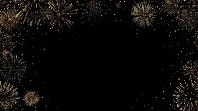 New year's eve celebration with ultra realistic golden sparkles and blooming fireworks in sky, black background, banner format with copy space at top, horizontal layout and high resolution