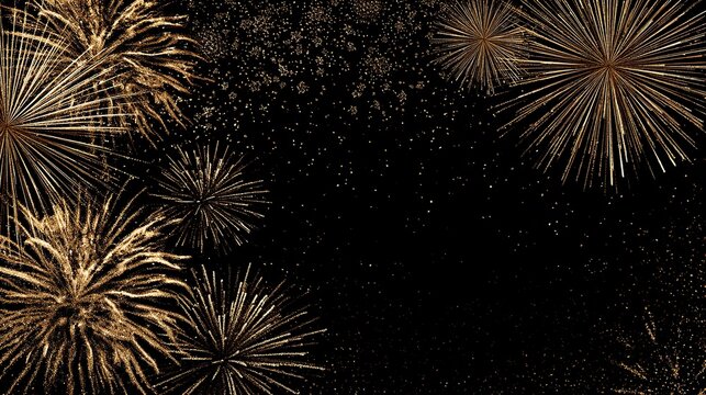 New year's eve celebration with ultra realistic golden sparkles and blooming fireworks in sky, black background, banner format with copy space at top, horizontal layout and high resolution