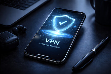 Smartphone on office desk displaying secure VPN connection interface with shield icon and glowing light