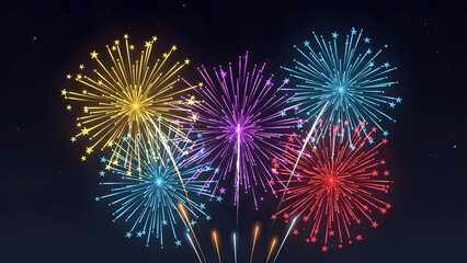Bright colorful fireworks exploding in the dark night sky illustration