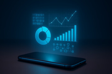 Holographic financial charts and data infographic projecting from a smartphone in a dark environment