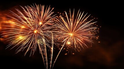 New year's eve celebration with ultra realistic golden sparkles and blooming fireworks in sky, black background, banner format with copy space at top, horizontal layout and high resolution