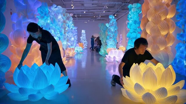 Medium shot of artists adjusting vibrant digital sculptures in an interactive gallery space showcasing evolving creative expressions.