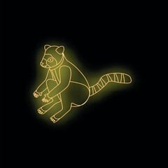 Neon light contour of a ring tailed lemur sitting, glowing yellow on black background © ylivdesign