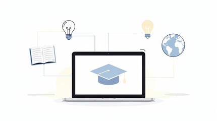 A digital illustration featuring a laptop with a graduation cap, surrounded by books, light bulbs, and a globe, symbolizing online education and learning.