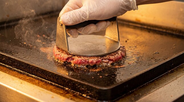 Gloved Hand Pressing Raw Beef Smash Burger on Hot Griddle Close Up