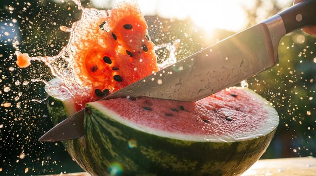 Slicing Fresh Watermelon With Knife Creating Juice Splash Outdoors In Sunlight - Powered by Adobe