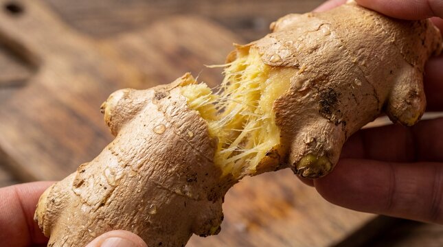 Hands Breaking Fresh Ginger Root Revealing Fibrous Texture Close Up