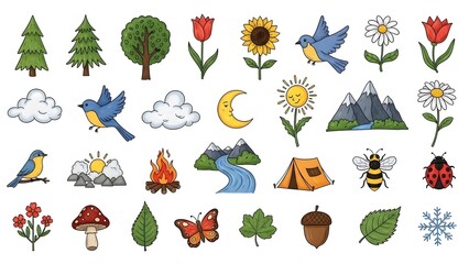 Colorful nature and outdoor activity set trees flowers