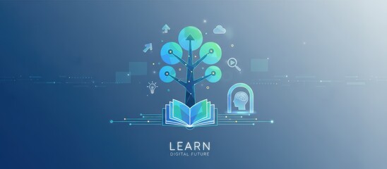 A modern illustration depicting a digital tree growing from an open book, symbolizing learning and the future of education.