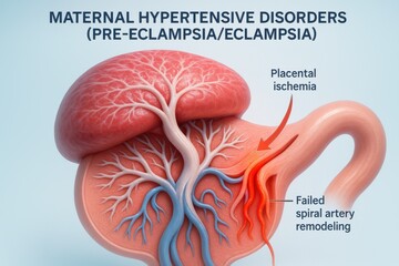 Medical illustration showing maternal hypertensive disorders like pre-eclampsia, highlighting placental ischemia and failed spiral artery remodeling.
