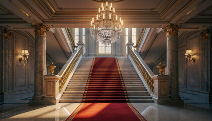 Grand Staircase with Red Carpet and Imperial Crystal Chandelier &ndash; Ultra Luxury 3D Photorealistic Render