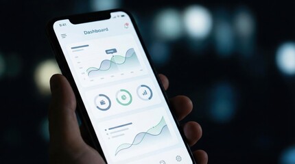 Person holding smartphone displaying a detailed analytics dashboard with graphs and charts