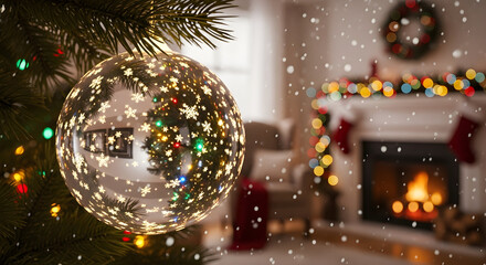 Capture the magical Christmas spirit with this close-up of a decorated ornament on a tree, ready for holiday promotions and seasonal campaigns