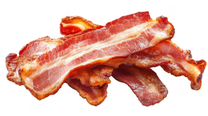 A close-up view of crispy. golden-brown bacon strips arranged neatly on a white background. highlighting their texture and color. ideal for culinary and food-related content