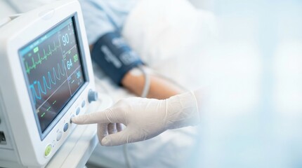 Medical professional in gloves adjusting patient monitor displaying vital signs including heart rate and blood pressure