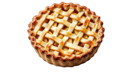 A beautifully baked apple pie with a golden lattice crust. placed on a clean white surface. its delicious filling. perfect for dessert photography or culinary articles