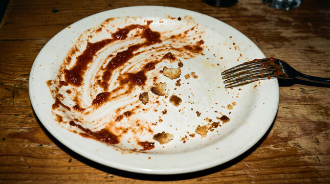 Dirty Empty Plate with Tomato Sauce Smears and Fork Vintage 1990s Flash Photo