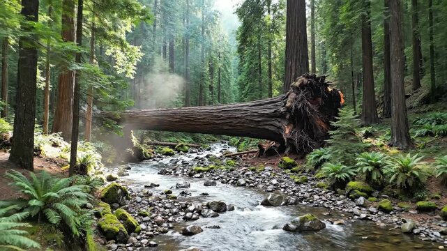 A colossal fallen redwood tree spans across a rocky riverbed in a lush, sun-dappled forest.