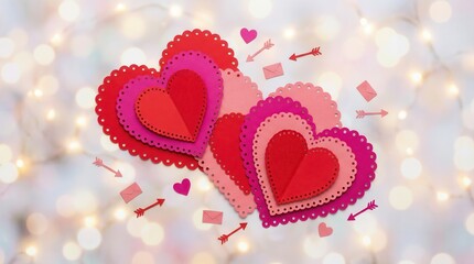 Colorful layered heart shapes with arrows and envelopes on a bokeh background