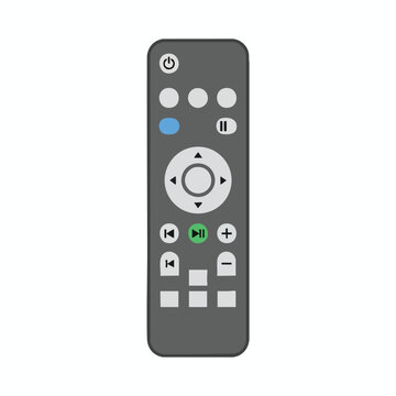 A rectangular, gray remote control with buttons and a central navigation pad
