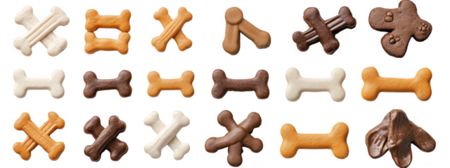 A colorful assortment of dog-shaped treats in various textures and colors arranged neatly on a white background. ideal for pet owners looking to pamper their furry friends
