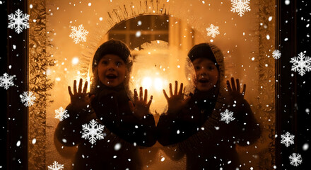 Enchanting winter scene with children gazing through frosted window as snowflakes fall creating a magical festive feeling of holidays and joyous anticipation
