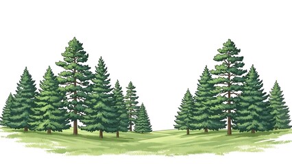 Green pine trees on grassy field with clear sky background