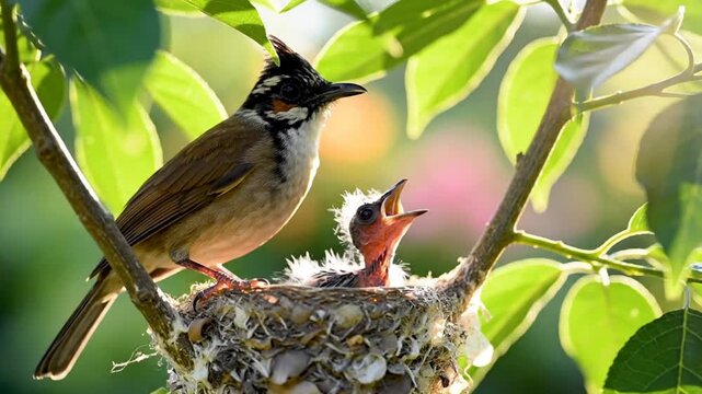 Red-whiskered bulbul feeding a baby bird in a nest among green leaves in bright sunlight