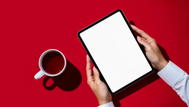 Person holding digital tablet with blank white screen on red background near cup of tea, overhead view