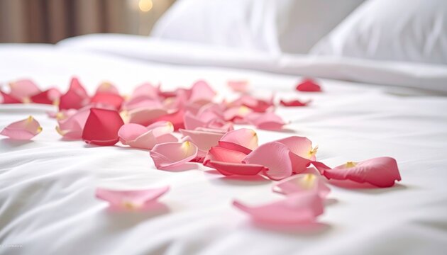 Scattered pink rose petals on luxurious white bed sheets creating romantic atmosphere. Concept of valentine love and passion