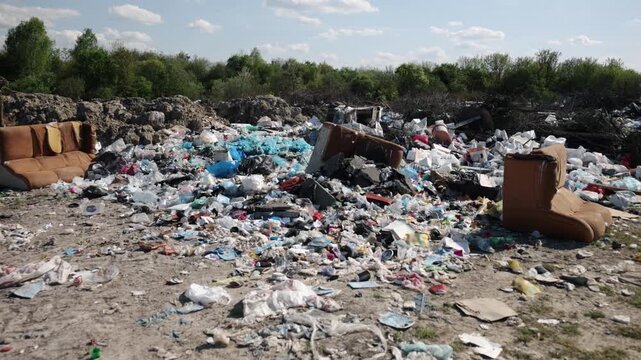 Garbage crisis, Garbage issue, Pollution concern. Overwhelming presence trash on land depicts urgent environmental crisis, necessitating swift reforms garbage management.