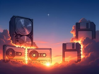 Nostalgic computing memories: a surreal landscape with retro data storage devices floating on clouds